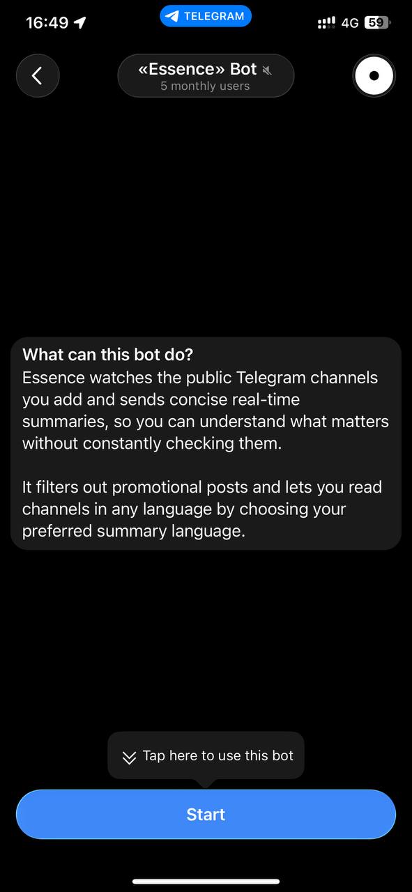Telegram profile screen explaining what «Essense» Bot does
