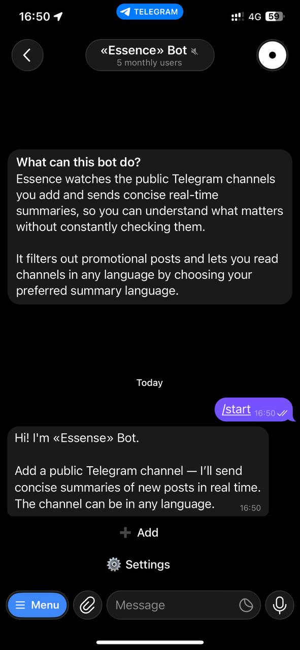 Telegram chat after starting «Essense» Bot with its main menu