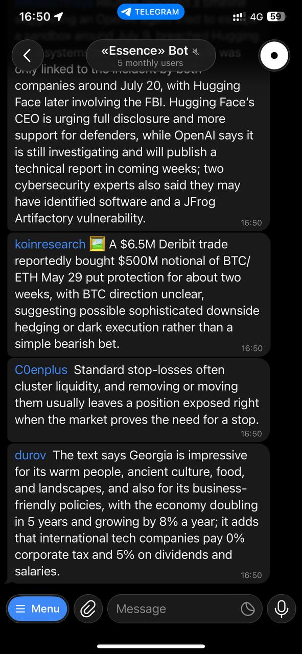 Telegram feed with concise summaries from several public channels